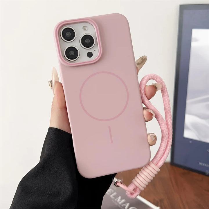 Candy Color Liquid Silicone MagSafe iPhone Case with Lanyard – Shockproof Magnetic Strap Cover for iPhone 11–16 Pro Max