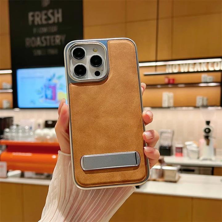 Luxury Plating Leather Metal Holder Case for iPhone 11/12/13/14/15 Pro Max Plus with Shockproof and Stylish Design