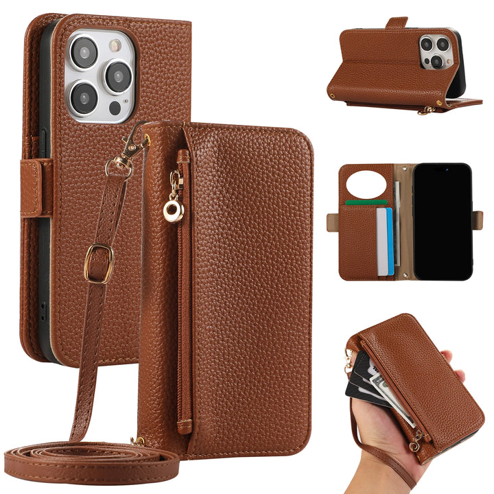 Crossbody Zipper Wallet Case with Card Holder for iPhone 16/15/14/13/12/11 Pro Max, Leather Cover