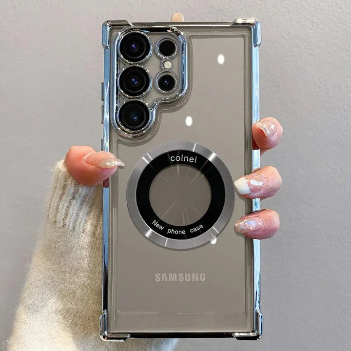 Luxury MagSafe electroplate Samsung case with shockproof bumper, hard transparent back cover, and wireless charging support.