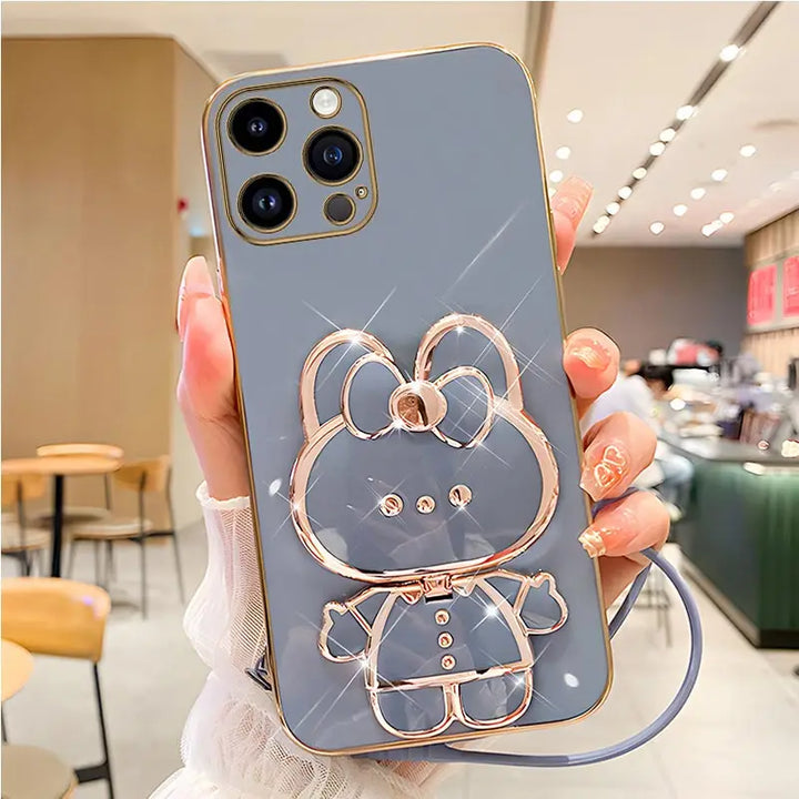 Mirror Rabbit Strap Plating Case for iPhone 14 13 12 11 Pro Max - Glossy, Anti-Scratch, Dustproof with Lanyard