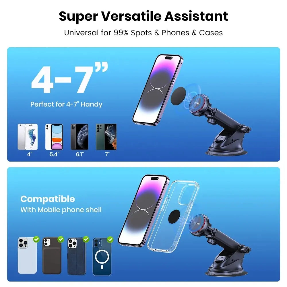Phone holder with compatibility for various phone sizes and phone cases on a blue background.