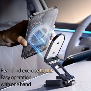 Car phone holder with a hand placing a phone on it, set against a car interior background.