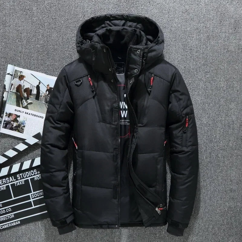 Black winter jacket with red accents on a gray background