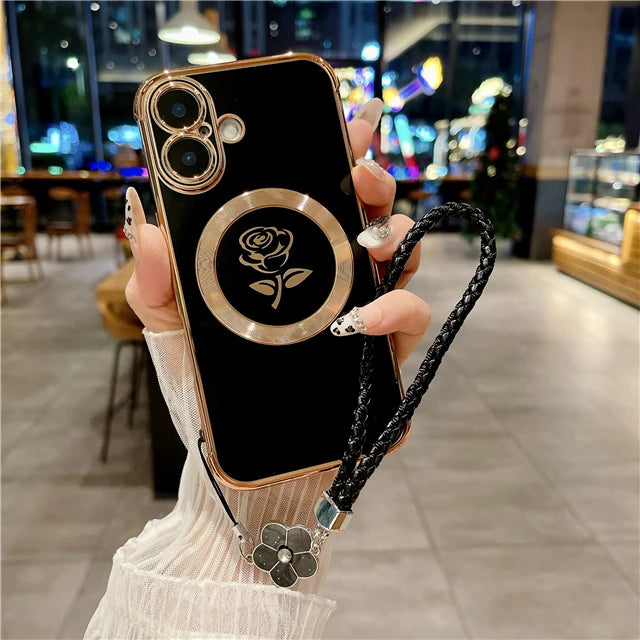 Luxury Magsafe Magnetic Plating Frame Phone Case with Lanyard for iPhone 16 and Samsung Galaxy