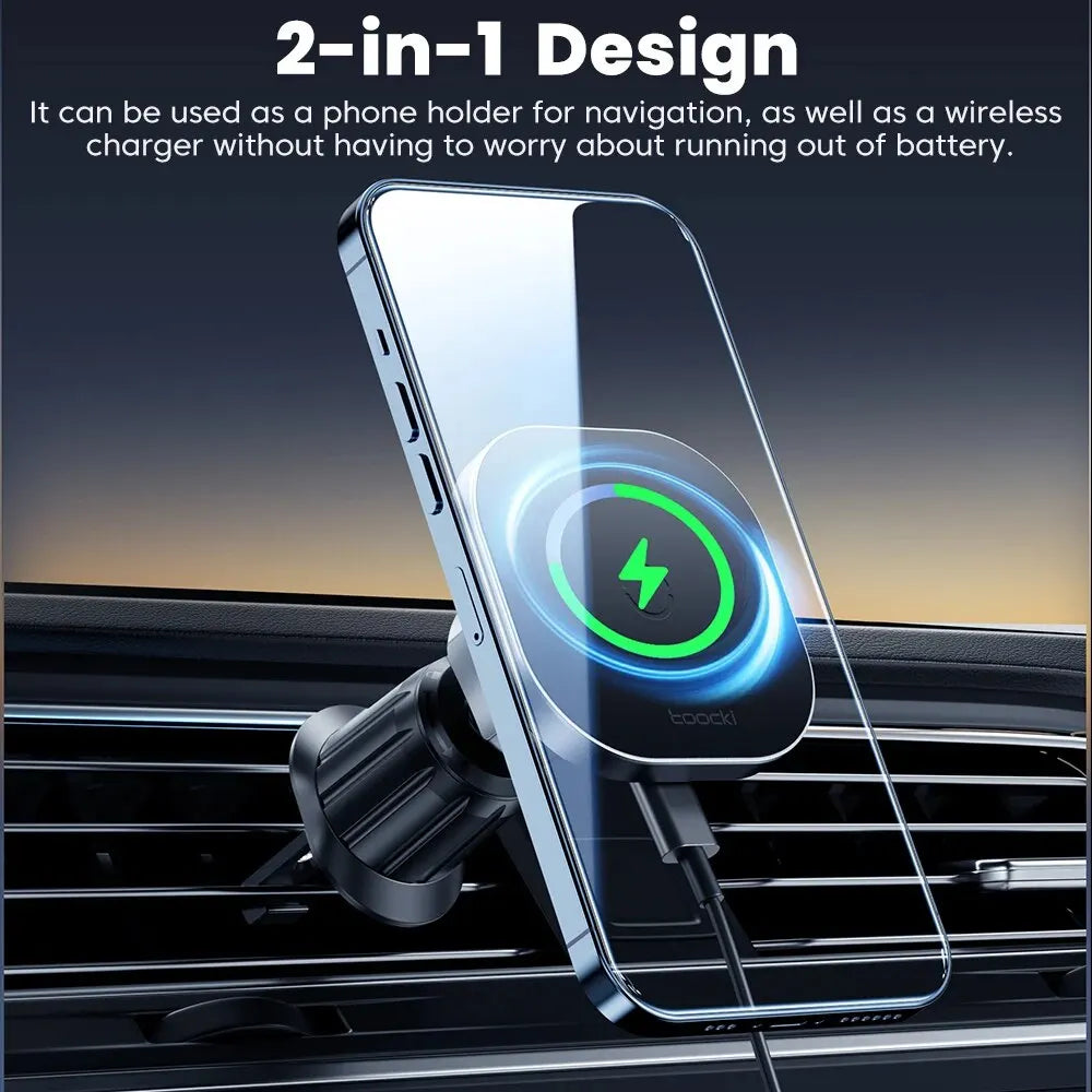 2-in-1 phone holder and wireless charger on a car dashboard with text about its functionality.