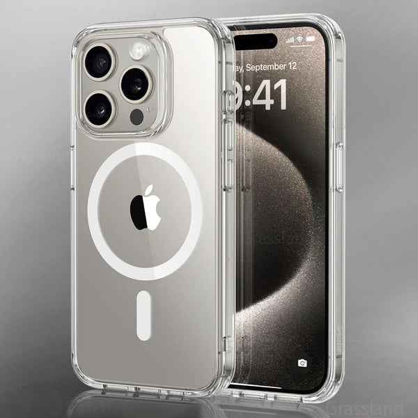 Clear phone case with Apple logo on a gray background