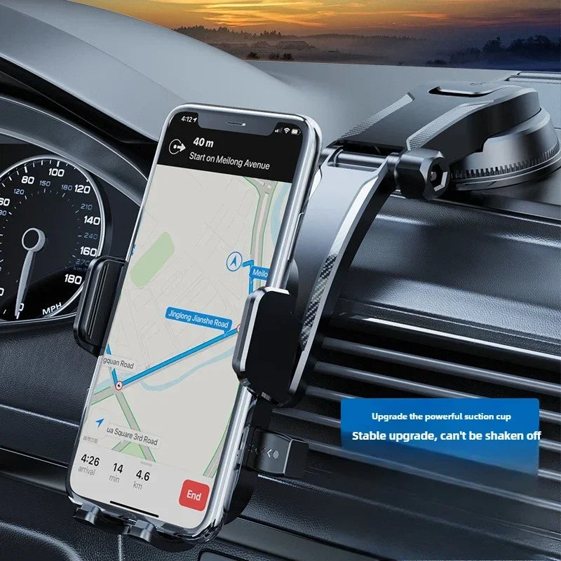 Car phone holder with smartphone displaying navigation app, mounted on car dashboard.