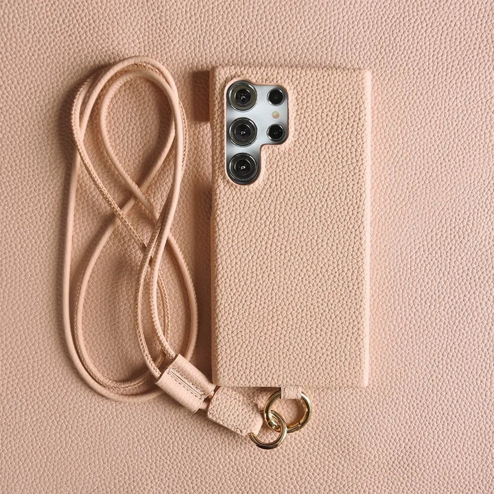 Luxury Cowhide Leather Crossbody Lanyard Case for Samsung S24, S23, S22, S21, and S20FE, Stylish and Durable Design