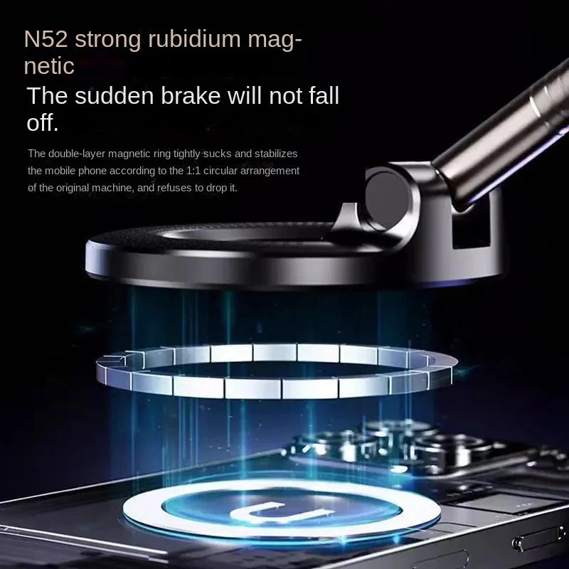 Magnetic ring stabilizing a smartphone with text on a dark background