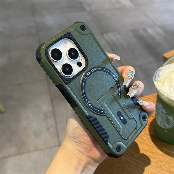 Rugged Military-Grade MagSafe iPhone Case with Kickstand – Shockproof Magnetic Bumper Cover for iPhone 11 to 16 Pro Max