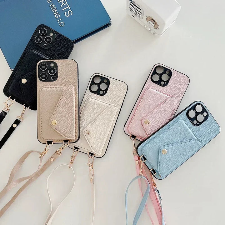 Crossbody leather phone case with wallet and card holder for iPhone 11-16 Pro Max, featuring an adjustable strap and plain design