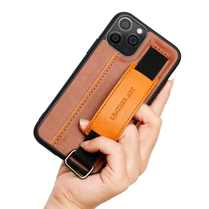 PU leather iPhone case with card holder, wristband, and detachable lanyard.