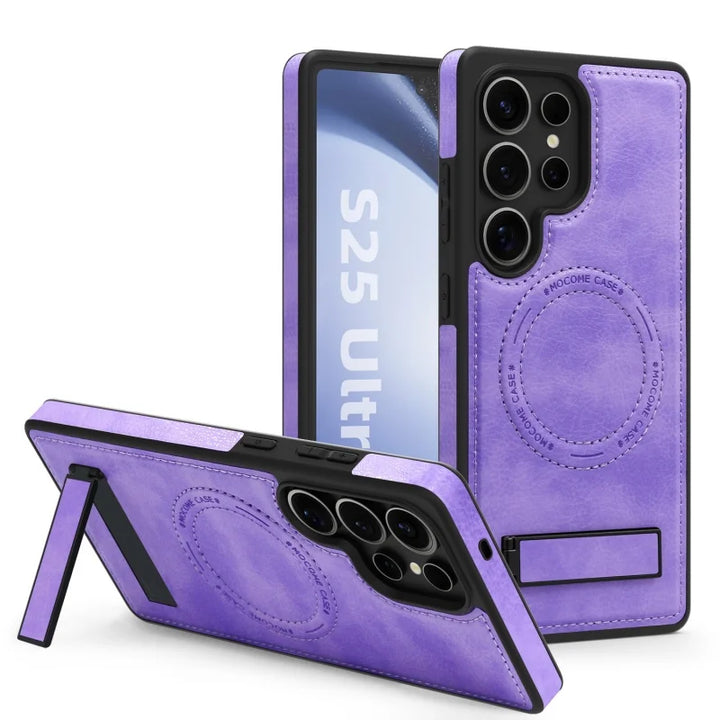 Luxury leather stand case for Samsung Galaxy S23, S24, S25 Ultra, offering premium protection and style.