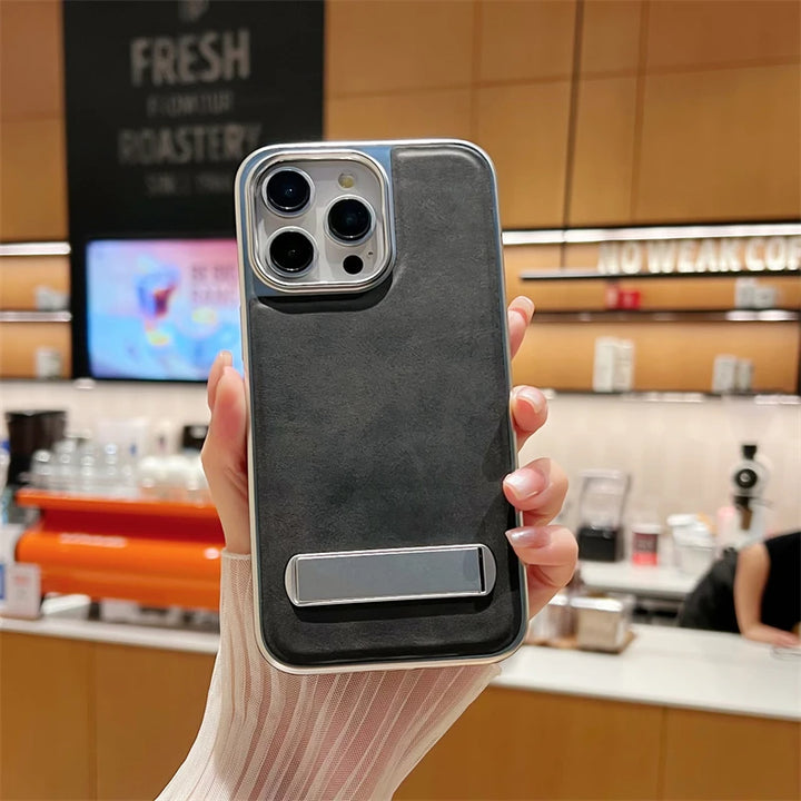 Luxury Plating Leather Metal Holder Case for iPhone 11/12/13/14/15 Pro Max Plus with Shockproof and Stylish Design