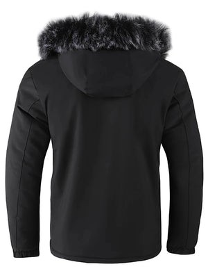 Black jacket with fur hood on a white background