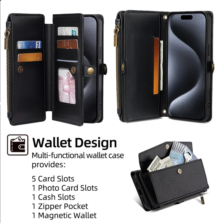 Wallet Flip Stand Leather Case with Crossbody Strap and Card Slots for iPhone 6-15 Pro Max