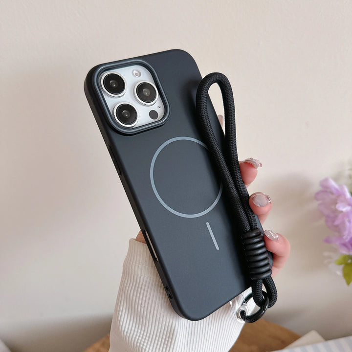 Luxury Matte Hard iPhone Case with Magnetic Wrist Strap – Black – Compatible with iPhone 16