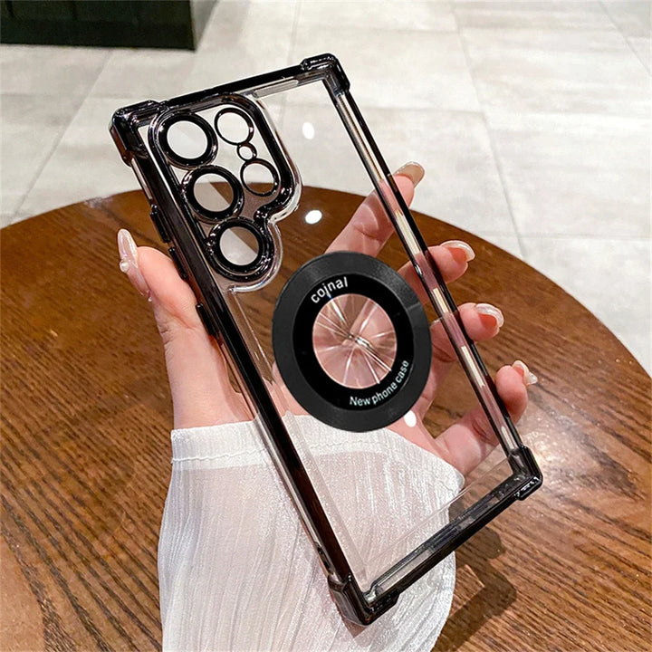Luxury MagSafe electroplate Samsung case with shockproof bumper, hard transparent back cover, and wireless charging support.