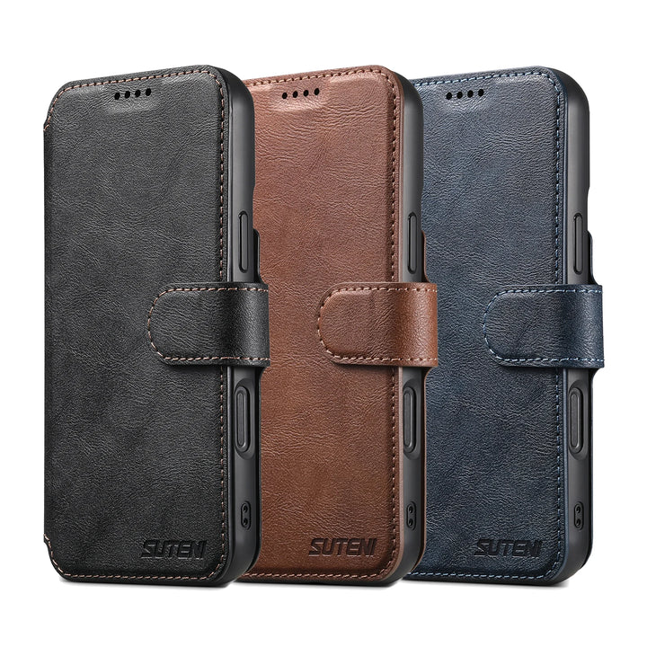 PU Leather Magnetic Wallet Flip Case for iPhone 16–12 Series with Card Slot and Kickstand – Black, Blue, Brown