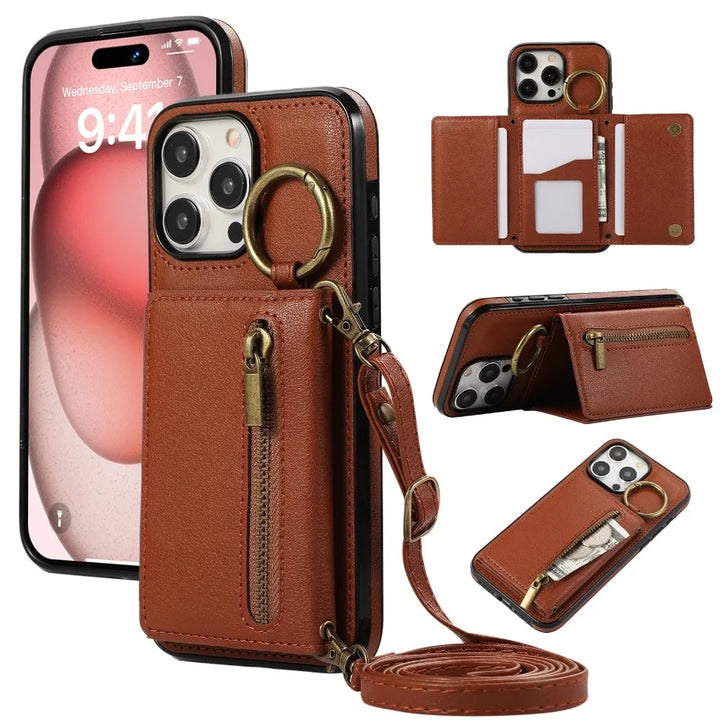 Crossbody Leather Wallet Phone Case with Zipper and Card Holder for iPhone 16/15/14/13/12/11 Pro Max