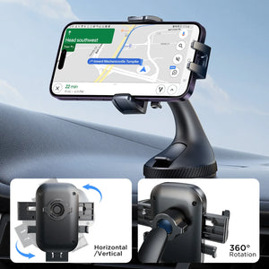 Car phone mount with smartphone displaying navigation app, showing 360-degree rotation and horizontal/vertical adjustment.
