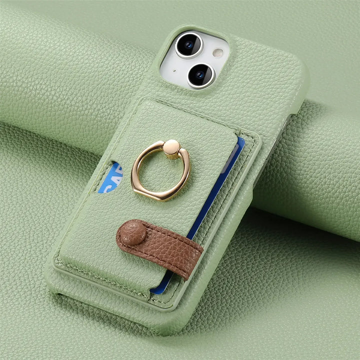 Luxury Leather Ring Wallet Case for iPhone 11/12/13/14/15/16 Pro Max with Ring Holder and Shockproof Design