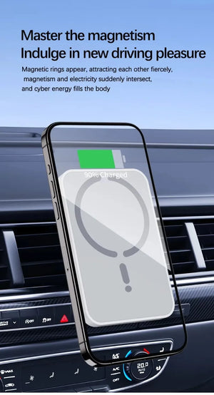 Smartphone with a magnetic ring on a car dashboard, featuring text about magnetism and driving pleasure.