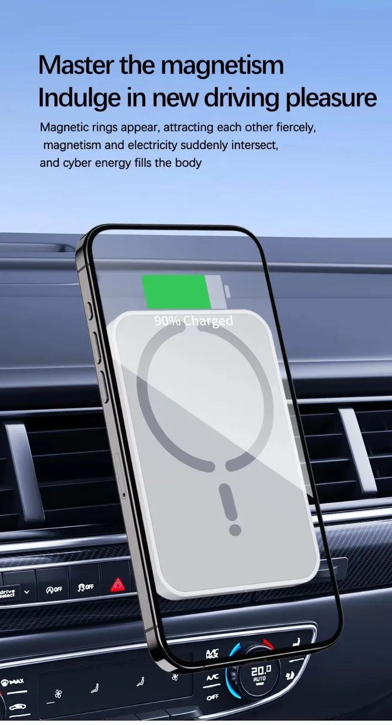Smartphone with a magnetic ring on a car dashboard, featuring text about magnetism and driving pleasure.