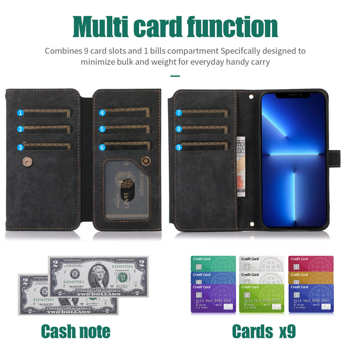 Crossbody wallet case for iPhone with card holder, lanyard, and kickstand for hands-free use.