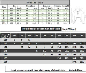 Hoodie size chart with measurements in centimeters and inches