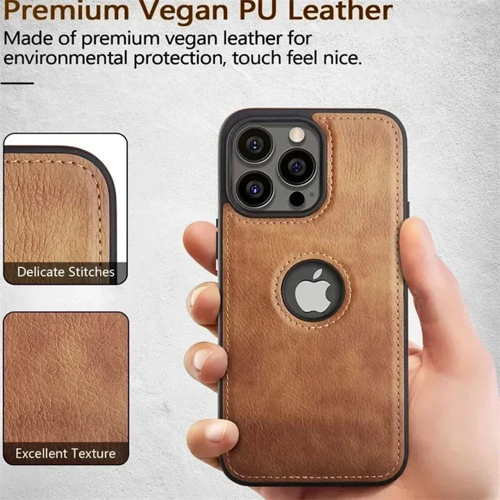 Classic Leather Case for iPhone 15/14/13/12/11/16 Pro Max with Logo View and Shockproof Design