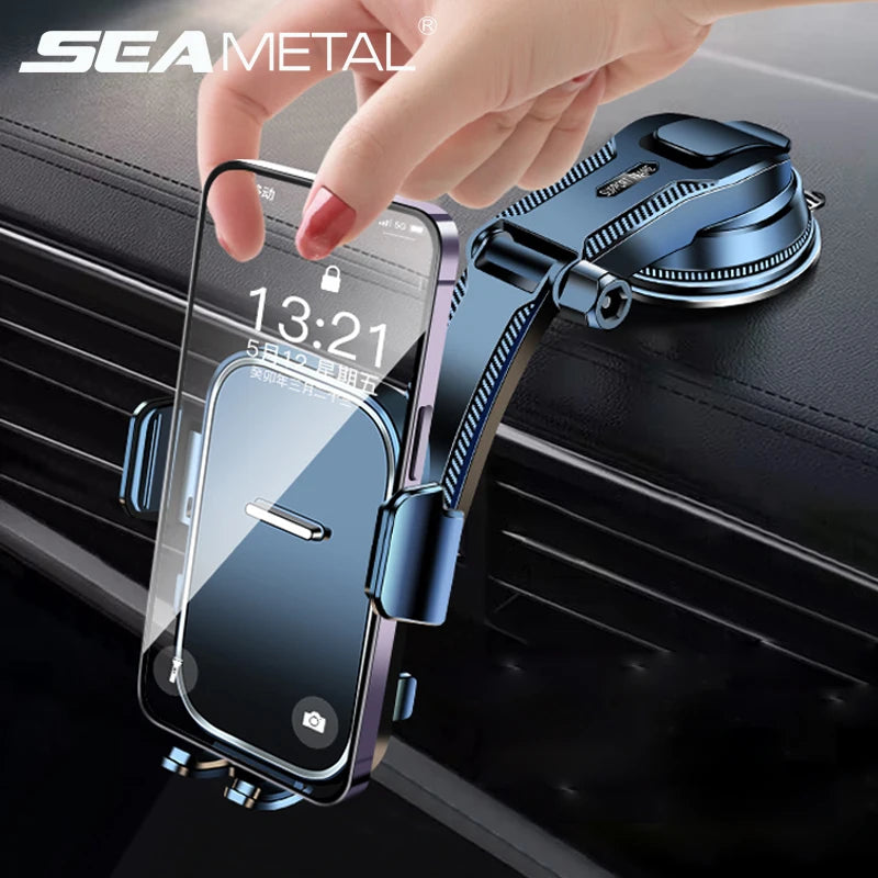 Hand holding a phone in a car mount with 'SEAMETAL' branding.