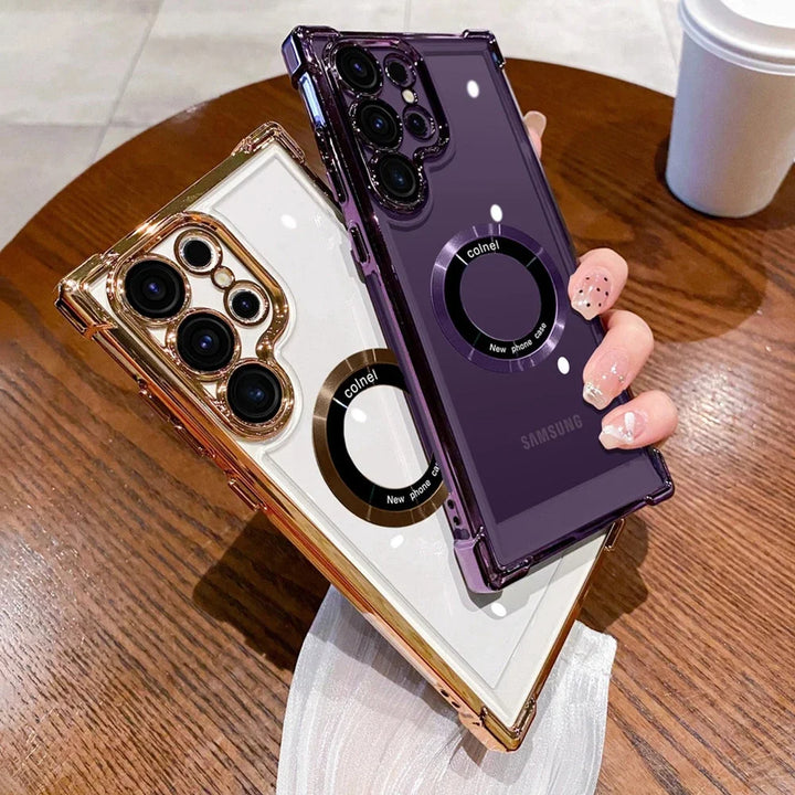 Luxury MagSafe electroplate Samsung case with shockproof bumper, hard transparent back cover, and wireless charging support.