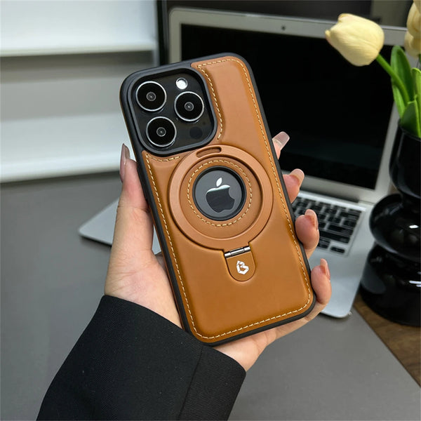 Luxury PU Leather iPhone 16 to iPhone 12 Pro Max Magnetic Case with Ring Stand and Hollow Logo – Red, Blue, Brown, Black
