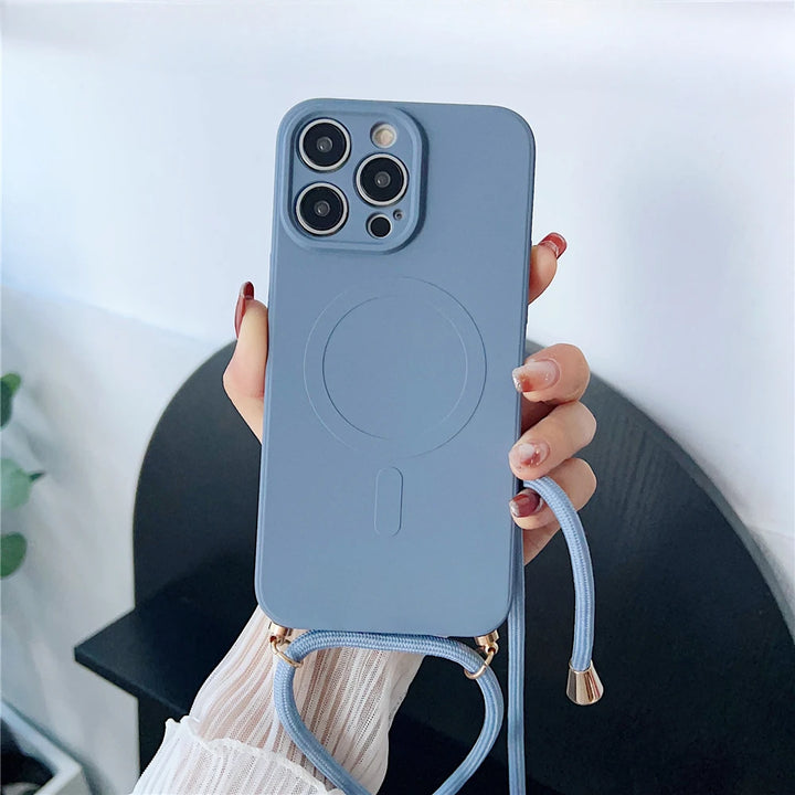 Liquid Silicone Crossbody iPhone Case with Lanyard – MagSafe Compatible Lightweight Shockproof Cover for iPhone 11–16 Pro Max