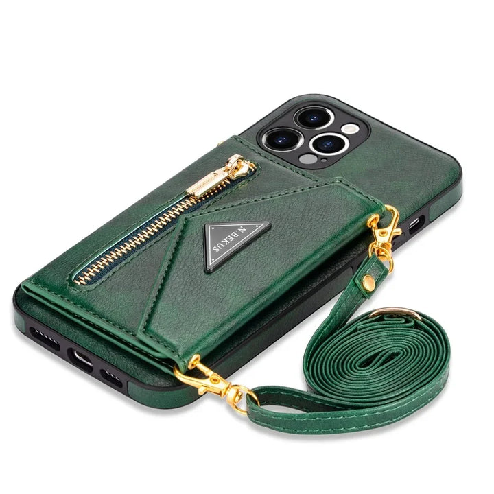 Zipper wallet crossbody phone case with card holder and detachable lanyard for iPhone models.