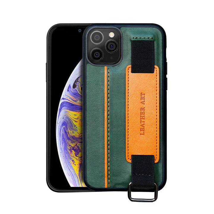 PU leather iPhone case with card holder, wristband, and detachable lanyard.