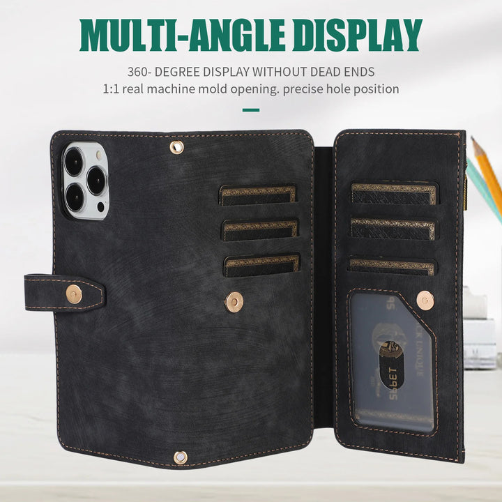 Crossbody wallet case for iPhone with card holder, lanyard, and kickstand for hands-free use.