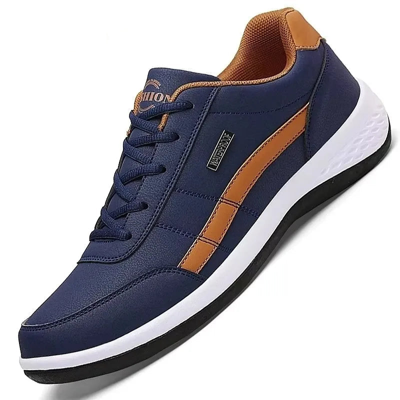 Blue sneaker with brown accents on a white background.