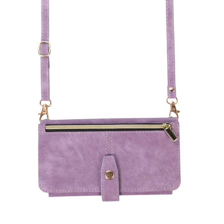Crossbody wallet case for iPhone with card holder, lanyard, and kickstand for hands-free use.