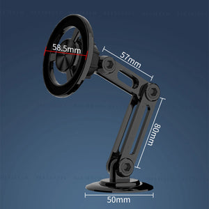 Black adjustable phone stand with measurements on a blue background