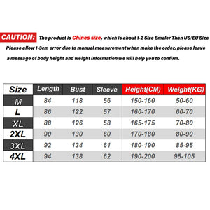 Size chart with clothing measurements in centimeters and kilograms, including a caution note about Chinese size standards.