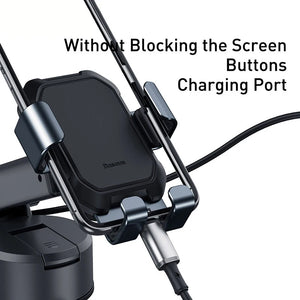 Phone holder with text 'Without Blocking the Screen Buttons Charging Port' on a white background