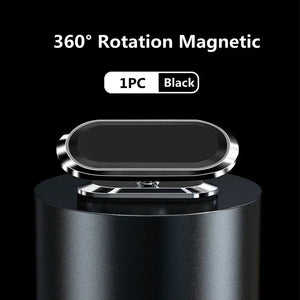 Black magnetic phone stand with '360° Rotation Magnetic' text on a black background