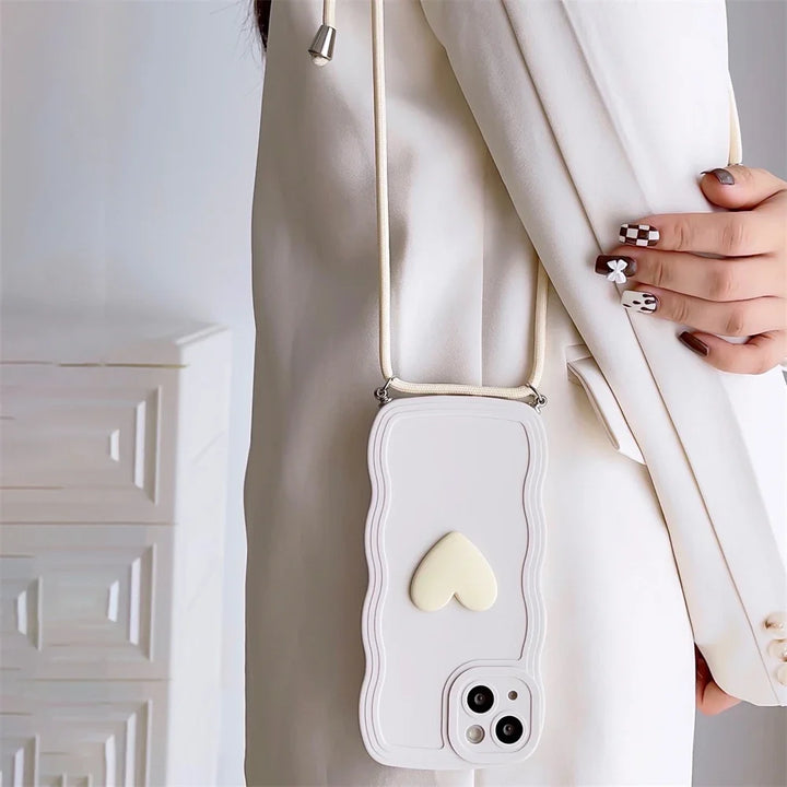 White Crossbody Love Heart Lanyard Case for iPhone 15 Pro Max