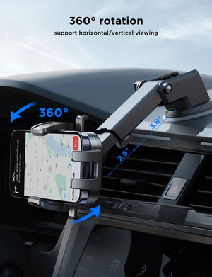 Car phone holder with 360-degree rotation feature on a car dashboard.
