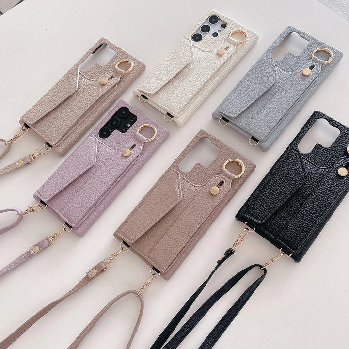 Leather Wallet Case with Wrist Strap, Crossbody Lanyard, and Card Holder for Samsung S23/S22/S21/A55/A54