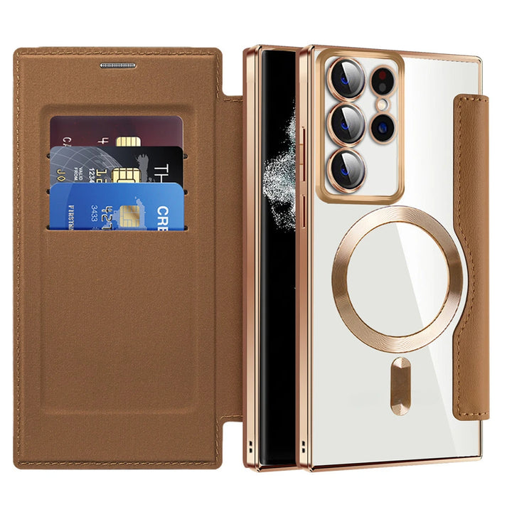 Card Holder Magnetic Leather Case for Samsung S22/S23/S24 Ultra, Wireless Charging
