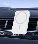 White car air freshener with a round design on a car vent.